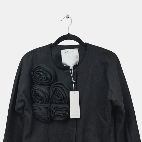 Walter Baker Womens Wool‎ Jacket Collarless Floral Embellished Snaps Black Sz 6 - Picture 2 of 5